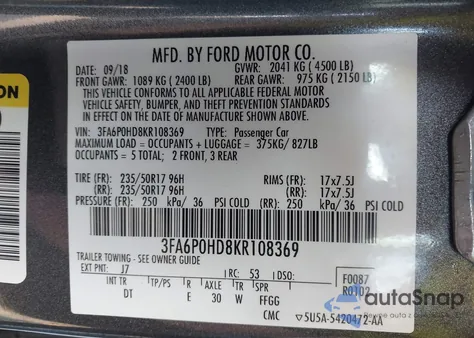 2019 Ford Fusion Se from USA, damaged, VIN 3FA6P0HD8KR108369